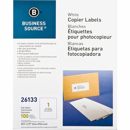 Business Source Copier Labels, 8.5" x 11", White, 1 Label Per Sheet, PK100 BSN26133